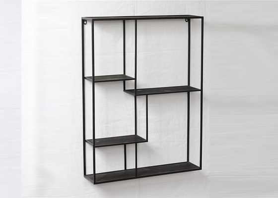 Living Room Black Floating Metal And Wood Display Shelves